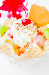 Waffle icecream and cherry