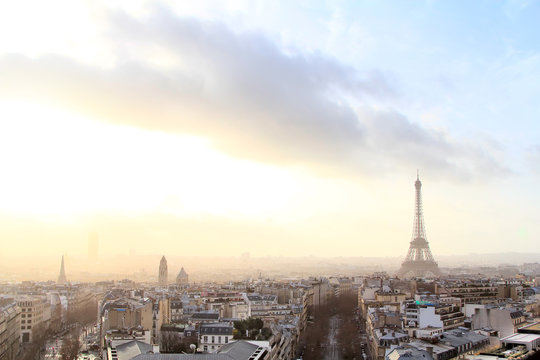 Panoramic view of Paris at warm sunrise