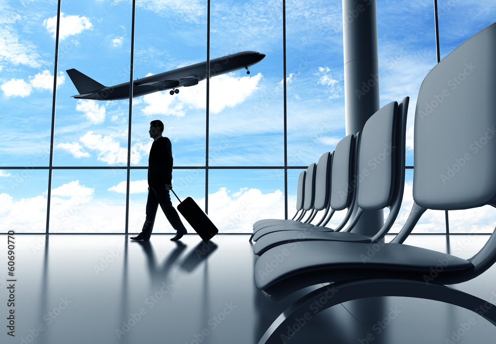 Poster businessman walking in airport