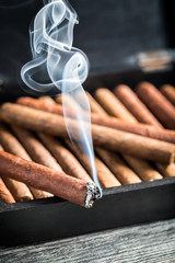 Burning cigar on wooden humidor full with cigars
