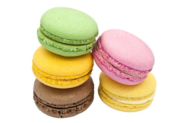 Multicoloured macaroons isolated on white.