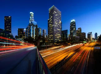 Papier peint photo City of Los Angeles California at sunset with light trails