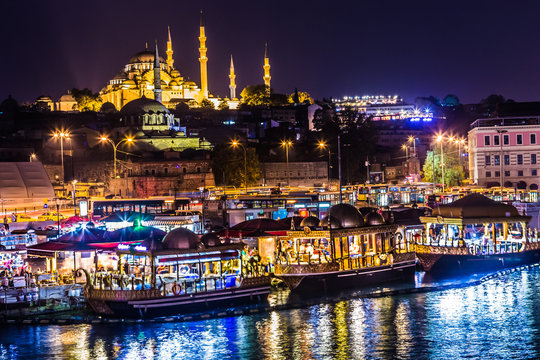Night view on the restaurants at the end of the Galata bridge, S