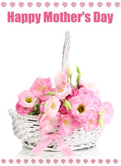 Bouquet of eustoma flowers in basket, isolated on white