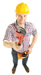 Portrait of young builder isolated on white