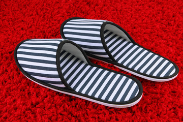 Striped slippers on carpet background