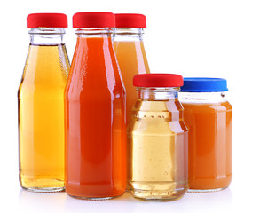 Baby food in glass jars, isolated on white