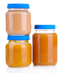 Baby food in glass jars, isolated on white