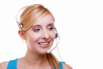 Naklejka premium Girl with headphones and microphone headset on white