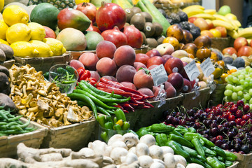 Set of various fruits and vegetables on a market stall