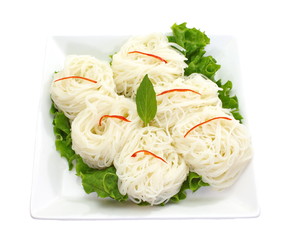 asian food rice vermicelli with vegetables on white background