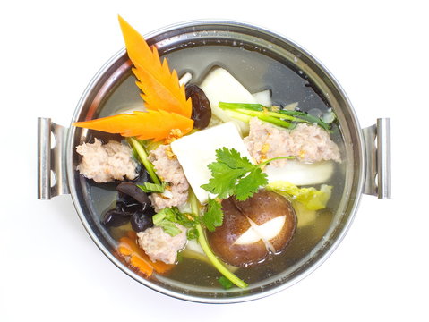 mild soup with vegetable ,pork ,mushroom and bean curd