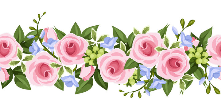 Horizontal seamless background with roses and freesia. Vector .