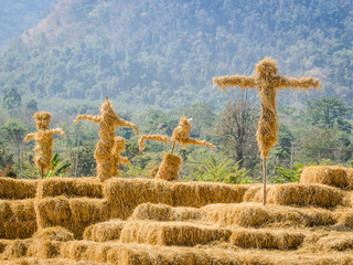 scarecrows stand together in the garden