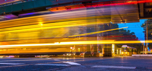 moving tram in the evening in berlin - obrazy, fototapety, plakaty