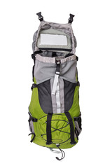 Front shot of opened green touristic backpack