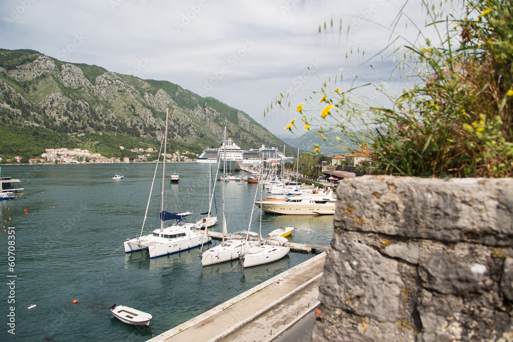 Wall mural Yachts and Cruise Ships in Kotor Bay