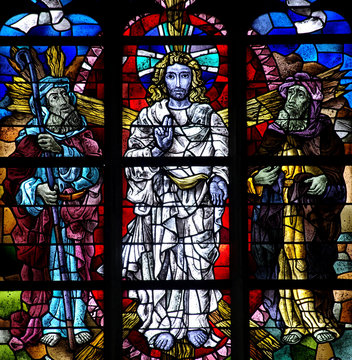 Transfiguration of Jesus in stained glass.