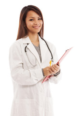 Smiling Asian doctor with chart in her hands