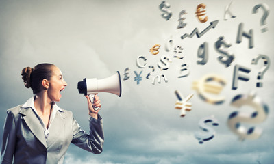 business woman cooks shouting into a megaphone
