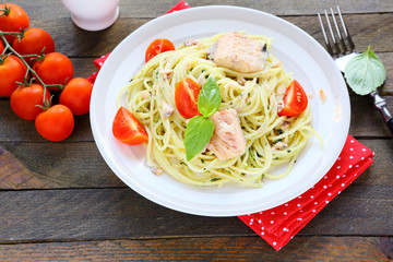 spaghetti with fish and tomatoes