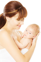 Mother holding newborn baby in hand, white background