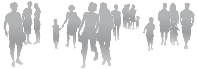 Set Menschen, kleine Menschengruppen, Silhouette, grau, Menschen in der Stadt, Gruppen, Vektor, isoliert