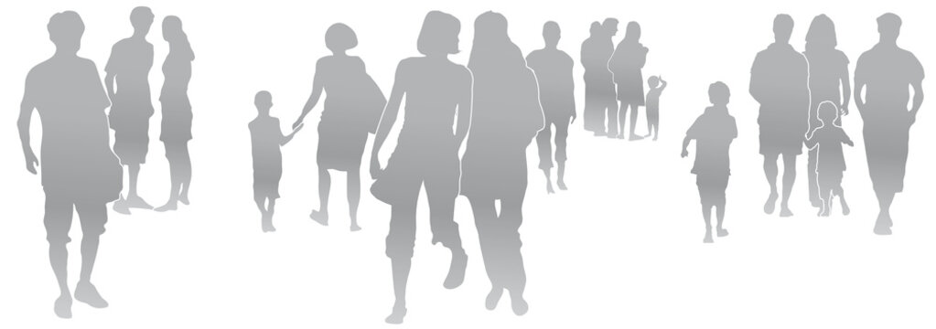 Set Menschen, kleine Menschengruppen, Silhouette, grau, Menschen in der Stadt, Gruppen, Vektor, isoliert