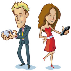 vector cartoon of a man and woman texting