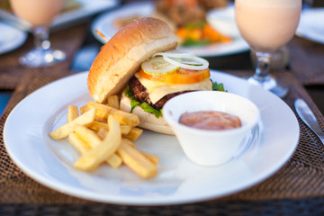 Burger and fries on white plate for lunch