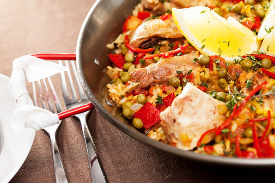 paella with rabbit in a pan