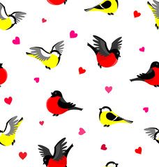 Vector seamless pattern with bullfinches and tits.