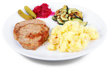 Plate of freshly cooked meat loaf with mashed potatoes
