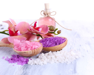 Still life with beautiful blooming orchid flower  and wooden