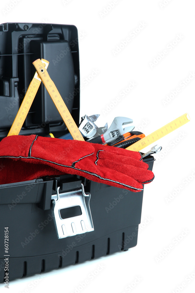 Wall mural Black toolbox with tools isolated on white