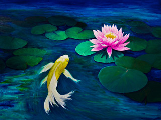 Yellow Butterfly Koi and a Pink Water Lily
