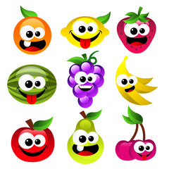 Set of fun smiling cartoon fruits