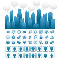 Blue city with social media icons and people avatars