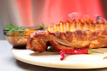 Delicious smoked ribs, close up