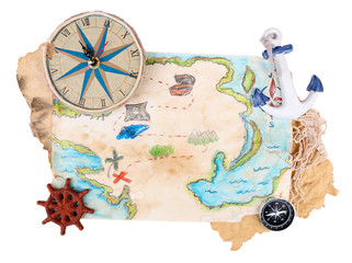 Treasure map with sea accessories, isolated on white