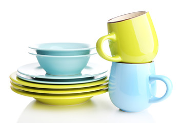 Clean colorful tableware isolated on white