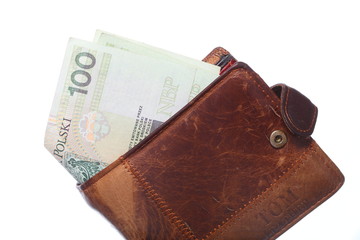 Economy and finance. Wallet with polish banknote isolated