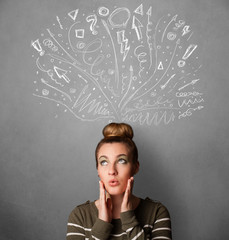 Young woman thinking with sketched arrows above her head