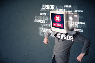 Business man with pc monitor on his head and error messages on t