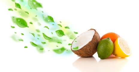Colorful fruits with green organic leafs