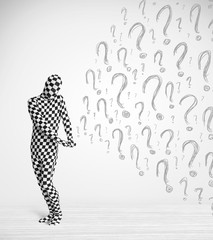 3d human character is body suit looking at hand drawn question m