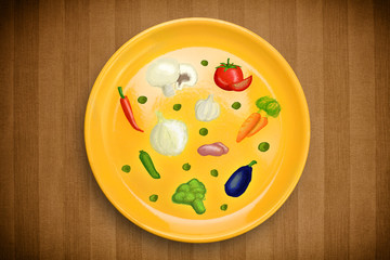 Colorful plate with hand drawn icons, symbols, vegetables and fr