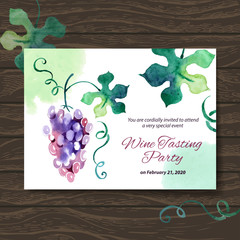 Wine tasting party card. Vector design with watercolor illustrat