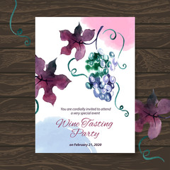 Wine tasting party card. Vector design with watercolor illustrat