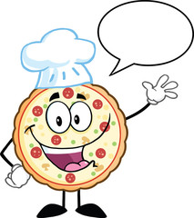 Funny Pizza Chef Cartoon Mascot Character Waving